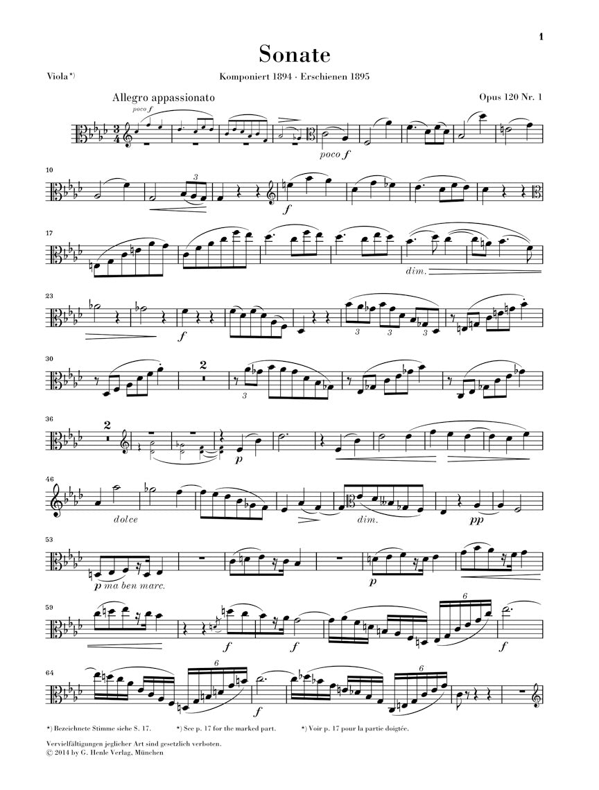 ブラームス:クラリネット・ソナタ Op.120(ヴィオラ版追加パート譜)