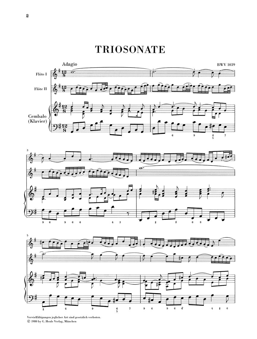 バッハ:トリオ・ソナタ ト長調 BWV 1039(2本のフルートと通奏低音、2本のヴァイオリン版付き)