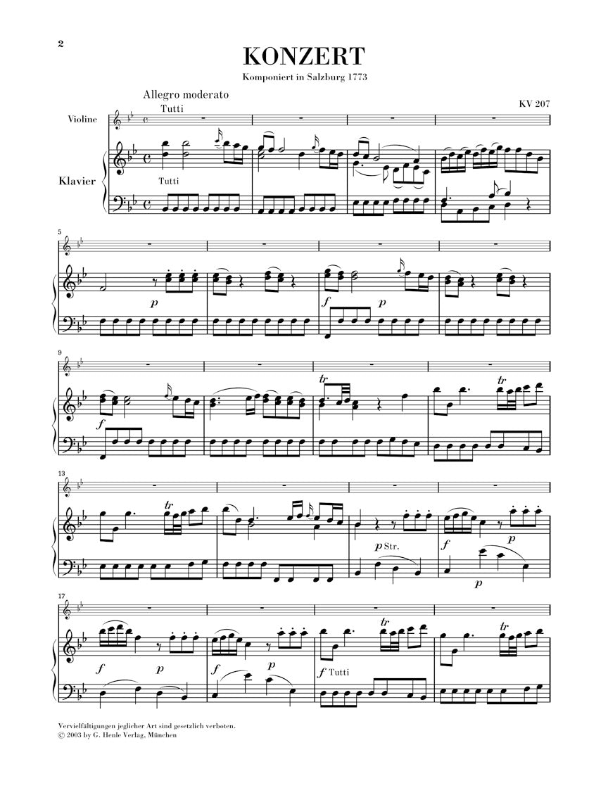 モーツァルト:ヴァイオリン協奏曲 第1番 変ロ長調 KV 207