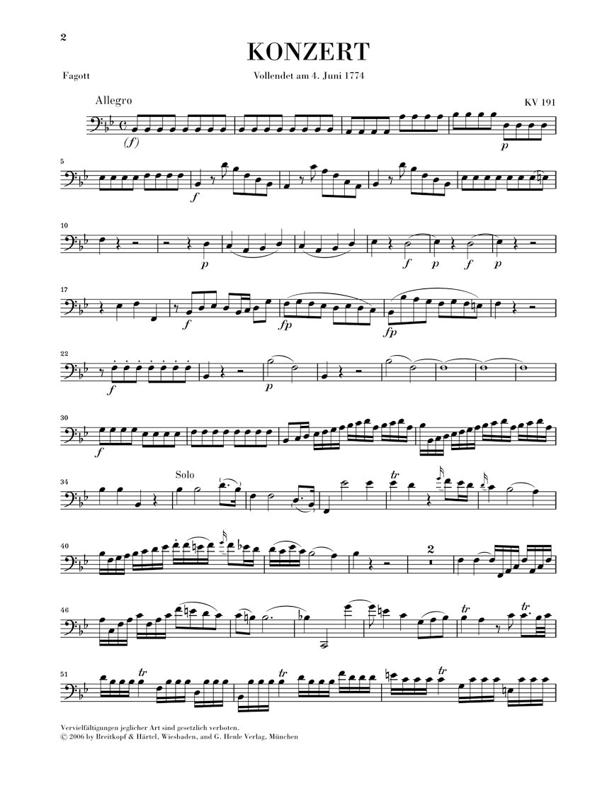 モーツァルト:バスーン協奏曲 変ロ長調 KV 191