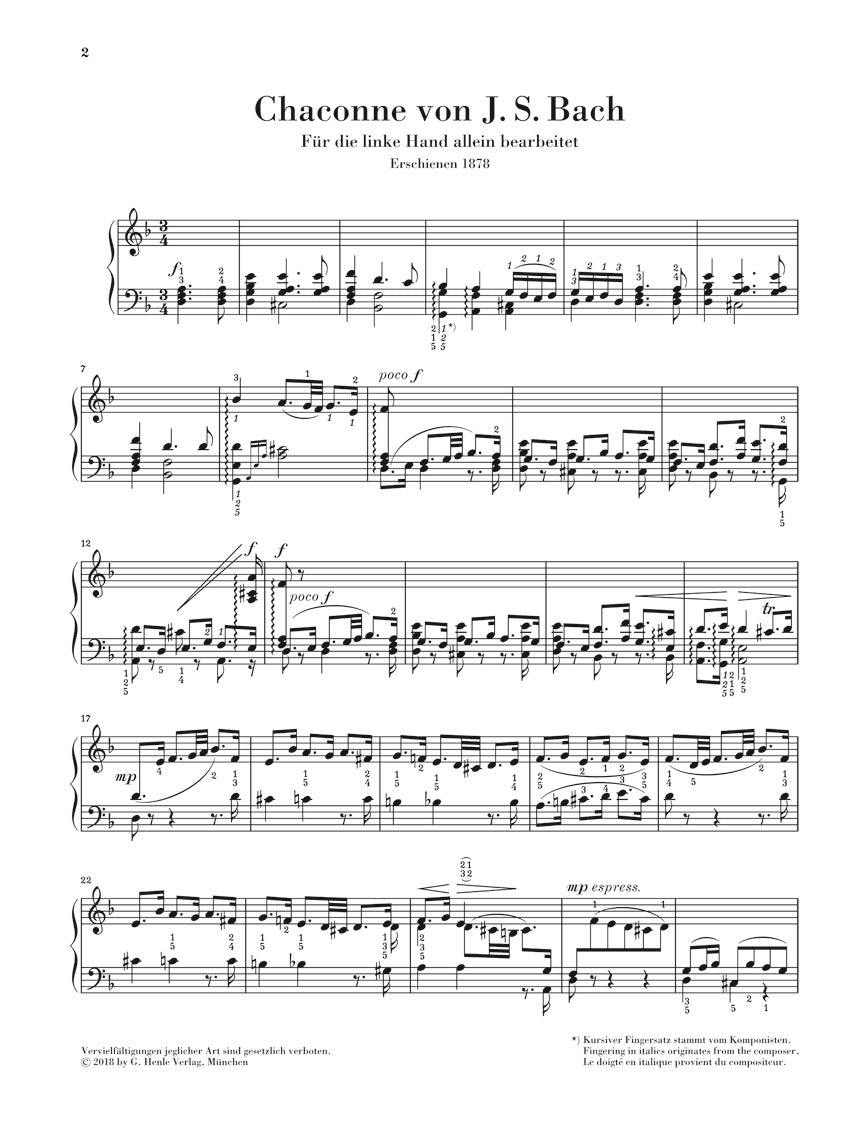 バッハ / ブラームス:左手のための シャコンヌ - パルティータ 第2番 ニ短調 BWV 1004 より