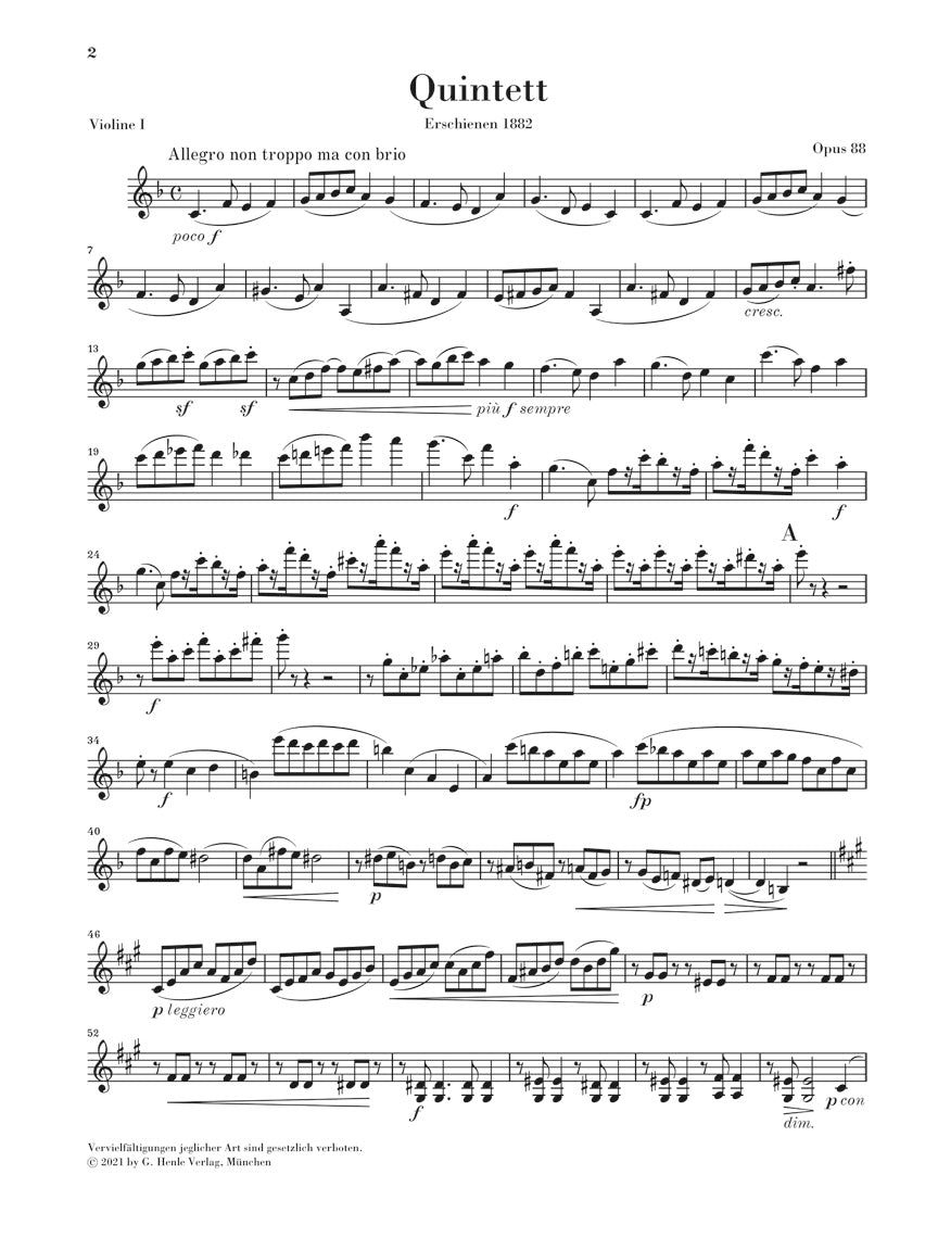 ブラームス:弦楽五重奏曲 第1番 ヘ長調 op. 88