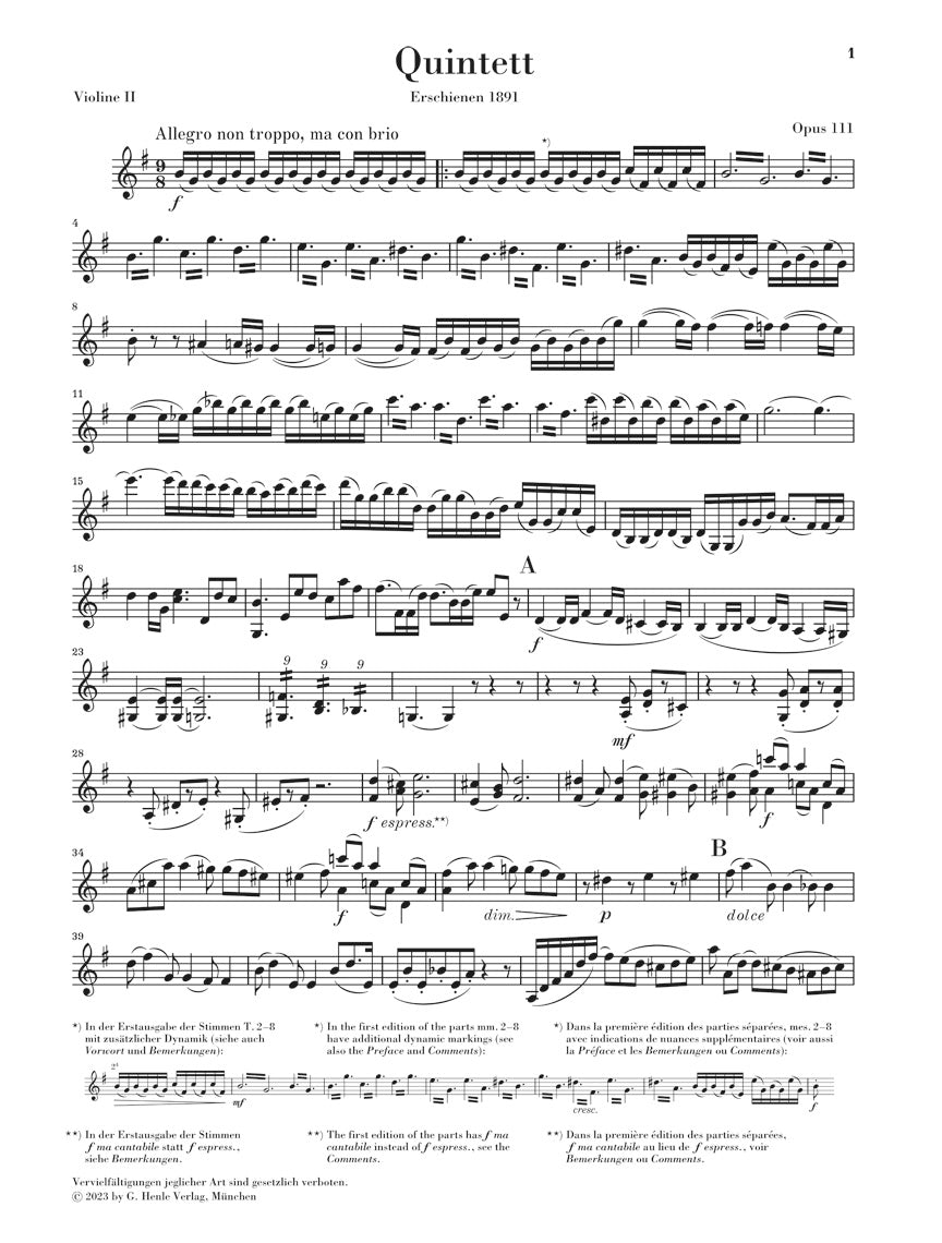 ブラームス:弦楽五重奏曲 第2番 ト長調 op. 111