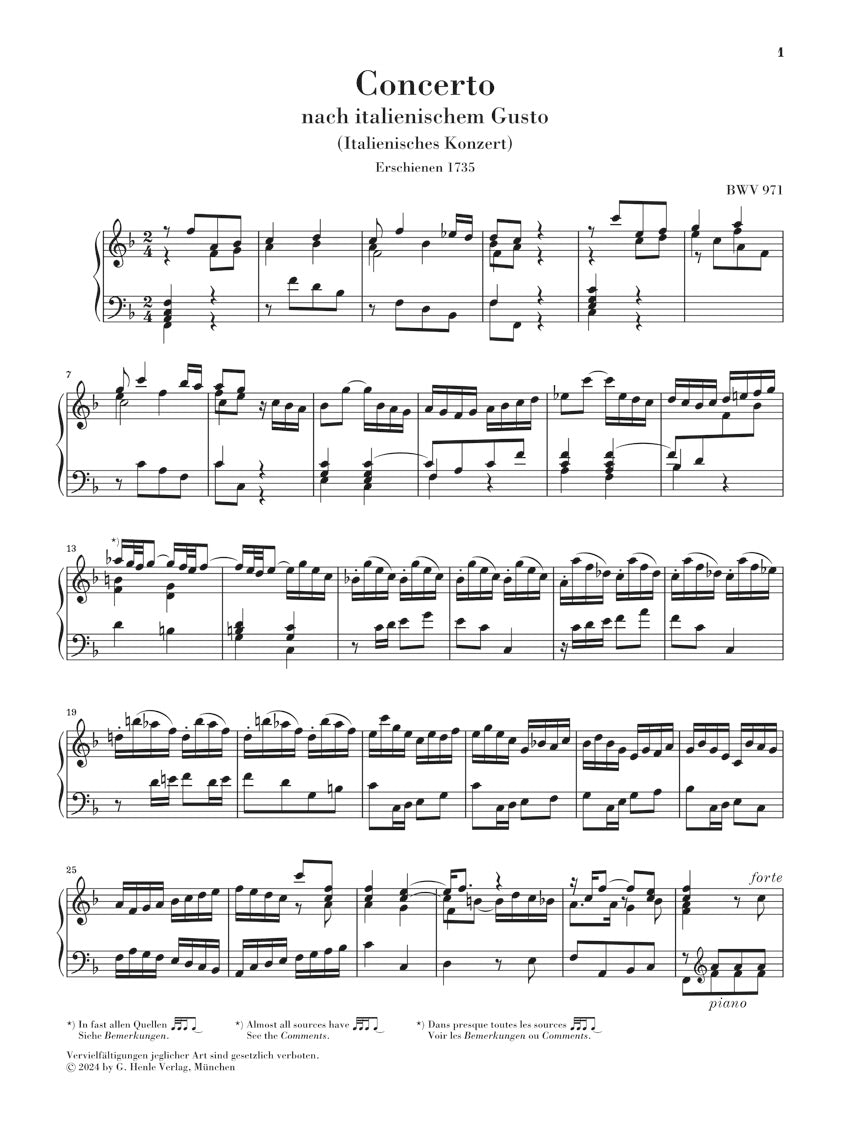 バッハ:イタリア協奏曲(指示省略版)