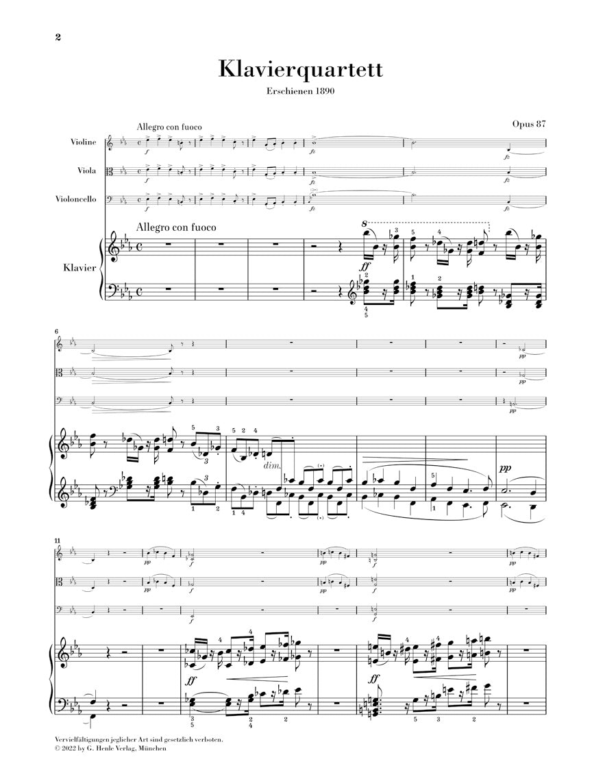 ドヴォルザーク:ピアノ四重奏曲 変ホ長調 op. 87