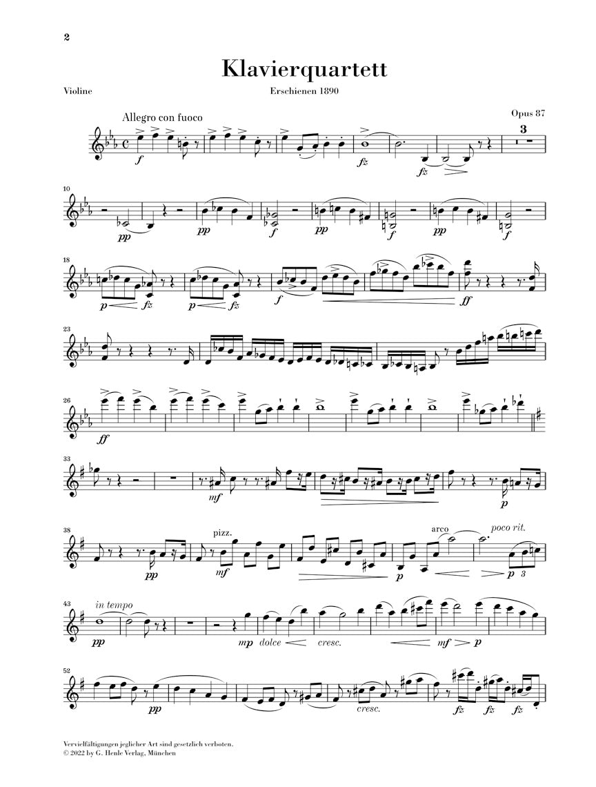 ドヴォルザーク:ピアノ四重奏曲 変ホ長調 op. 87