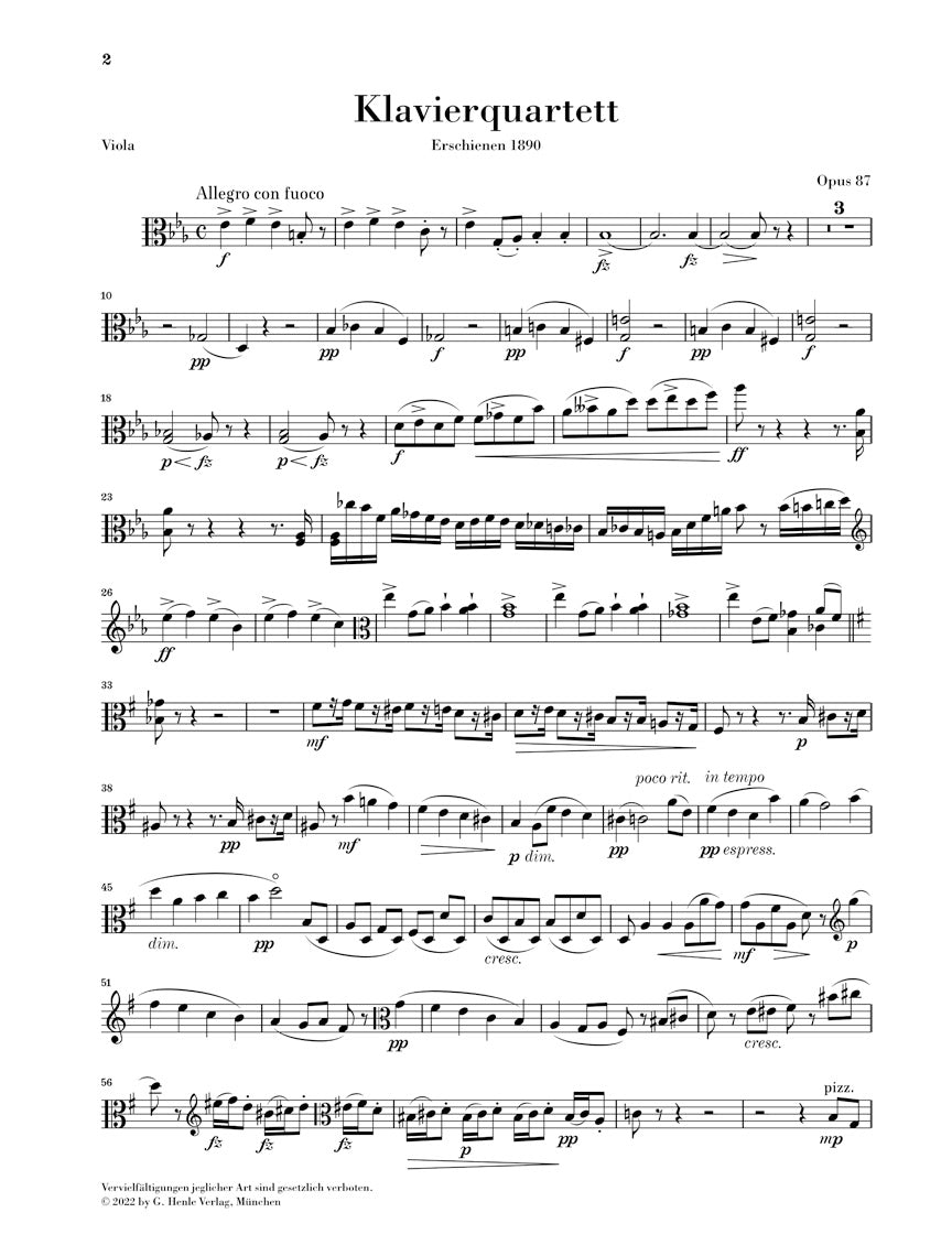 ドヴォルザーク:ピアノ四重奏曲 変ホ長調 op. 87