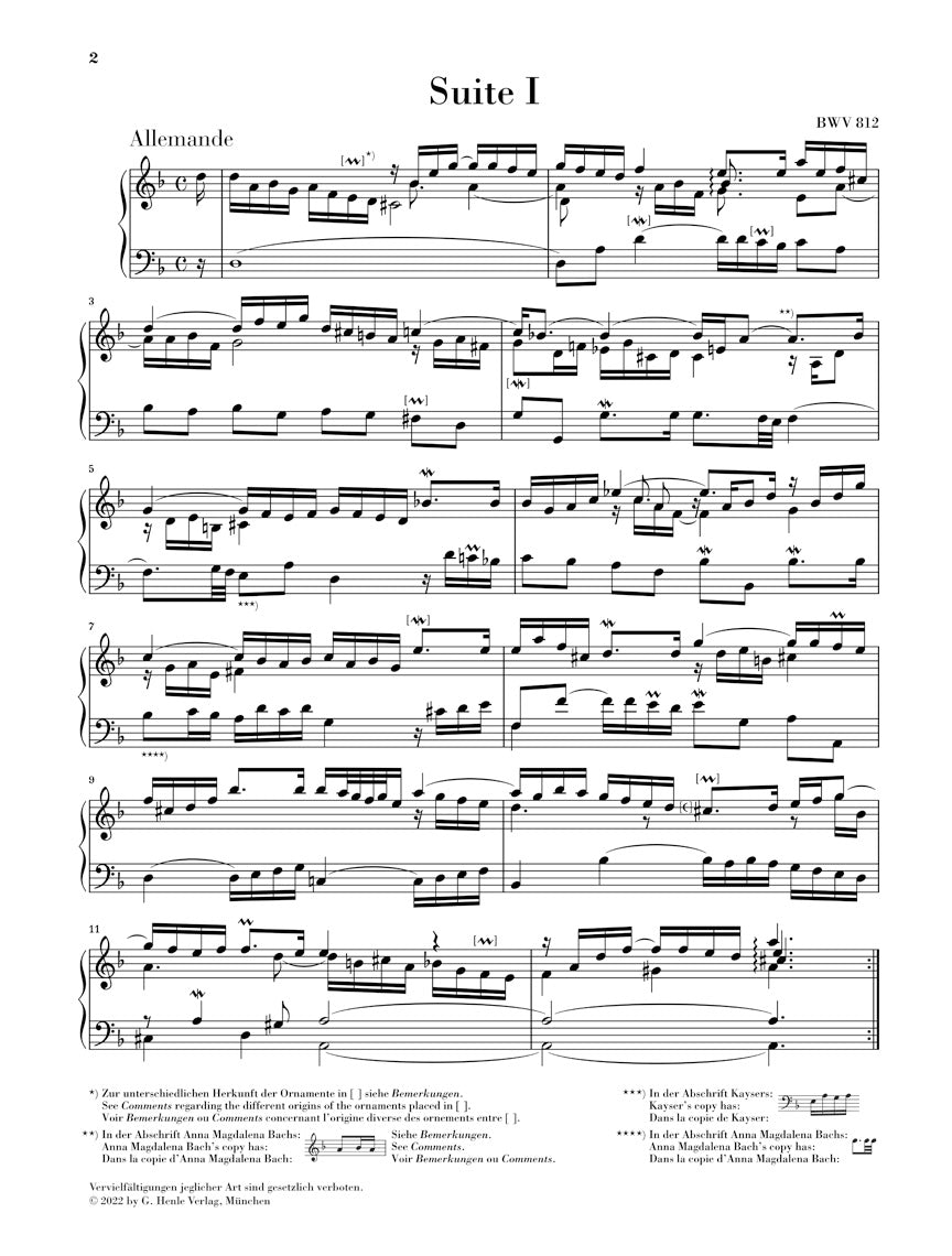 バッハ:フランス組曲 第1番 ニ短調 BWV 812(運指なし)