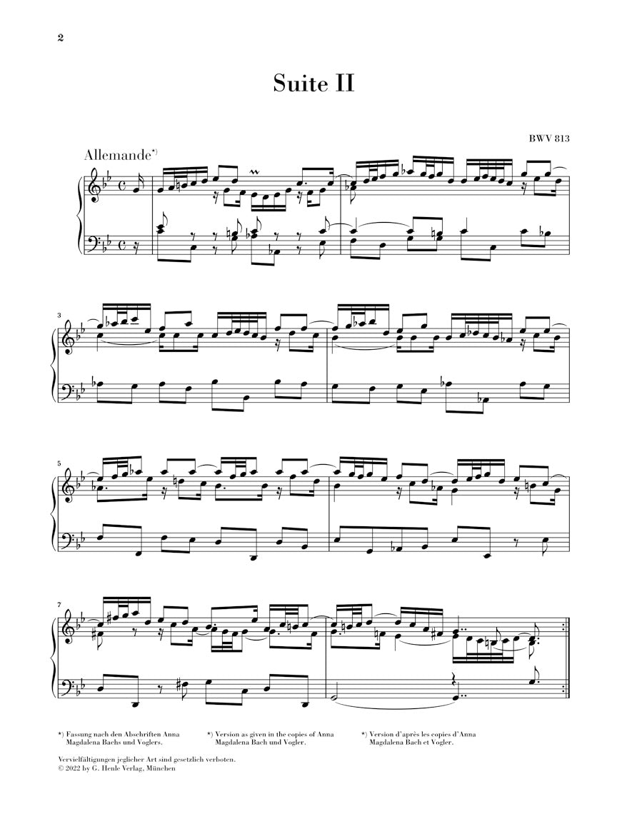 バッハ:フランス組曲 第2番 ハ短調 BWV 813(運指なし)