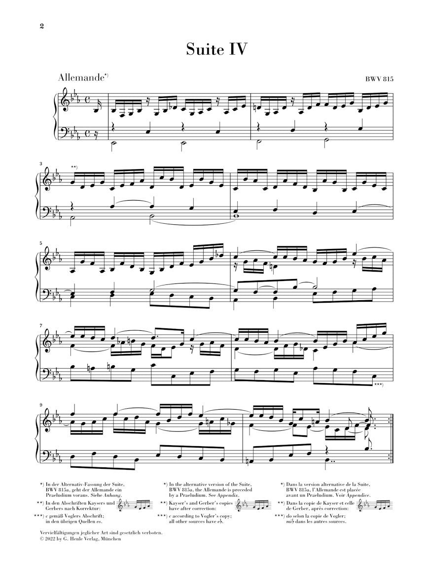 バッハ:フランス組曲 第4番 変ホ長調 BWV 815(運指なし)