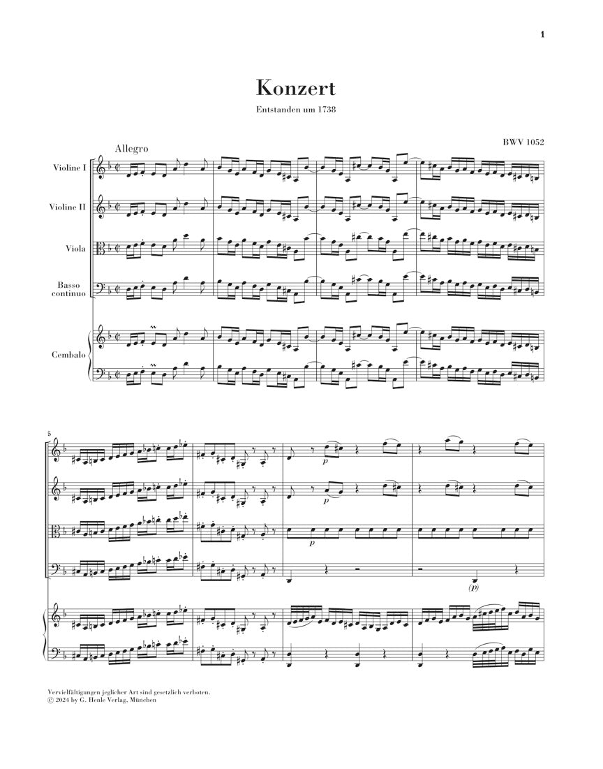 バッハ:チェンバロ協奏曲 第1番 BWV 1052 スコア