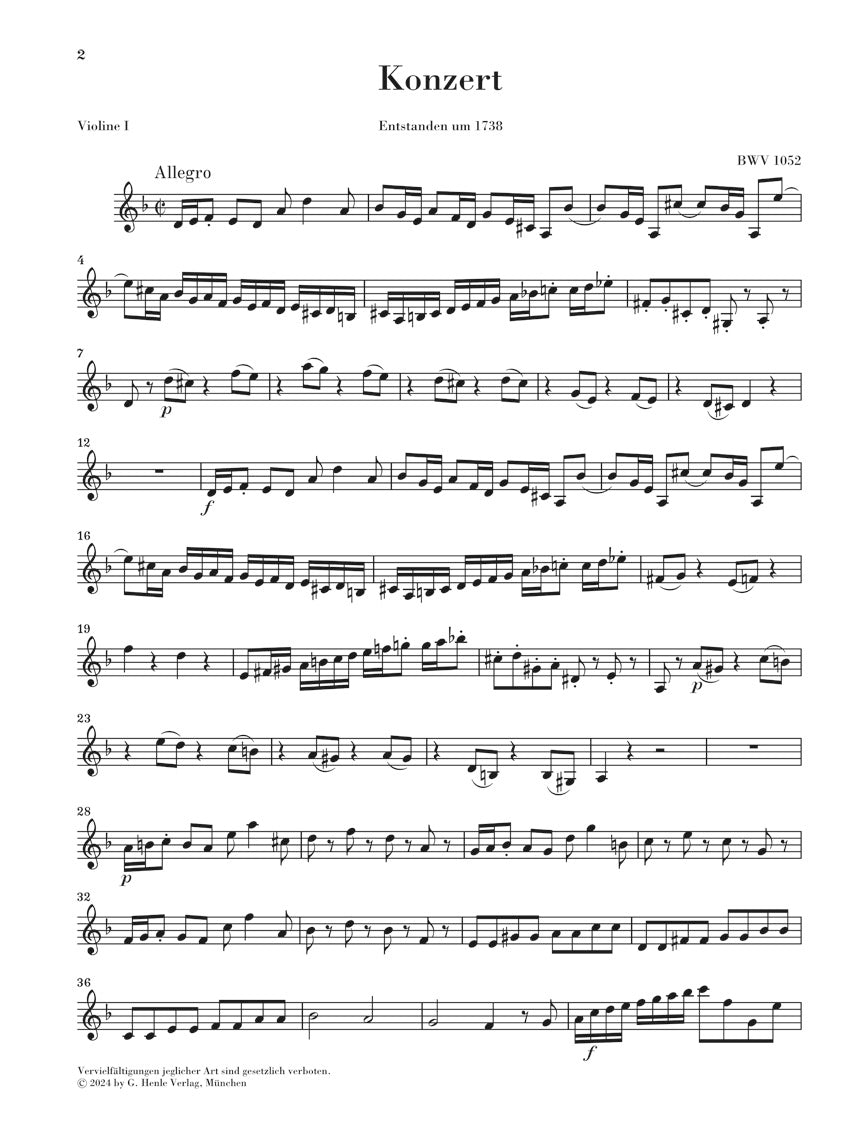 バッハ:チェンバロ協奏曲 第1番 BWV 1052 パート譜