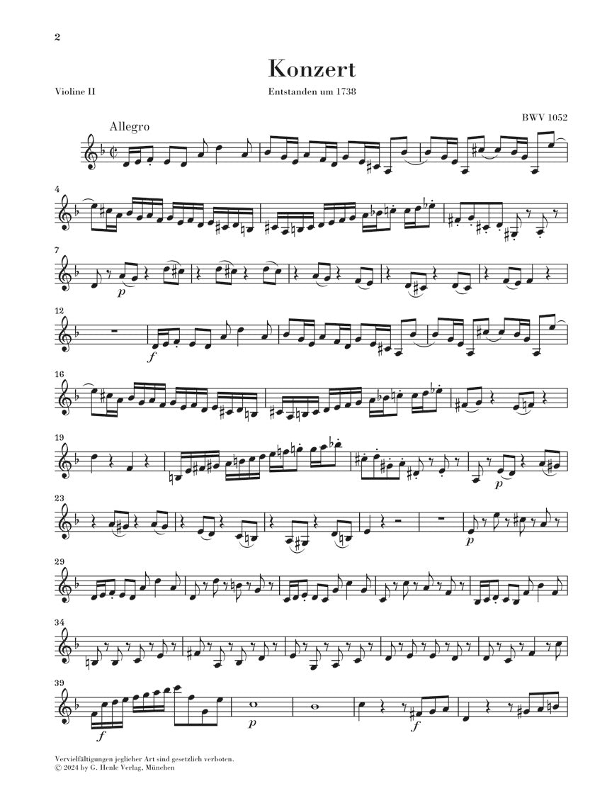 バッハ:チェンバロ協奏曲 第1番 BWV 1052 パート譜