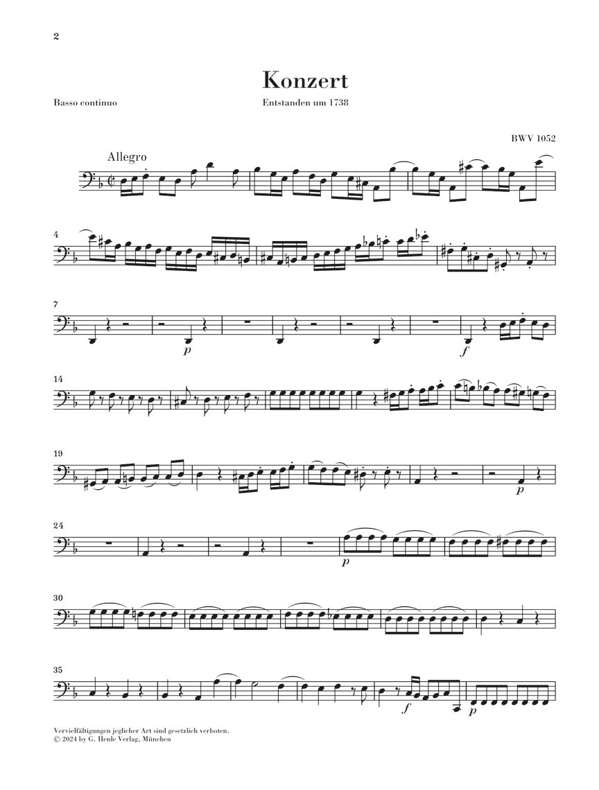 バッハ:チェンバロ協奏曲 第1番 BWV 1052 パート譜