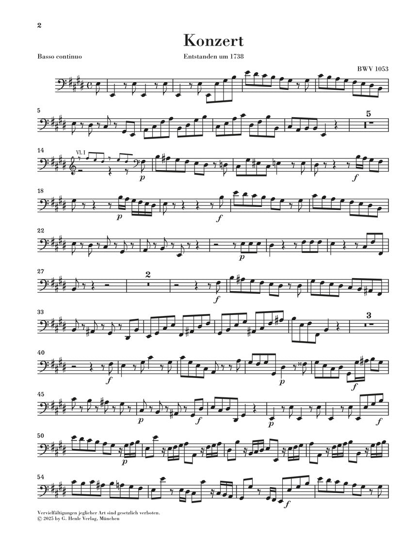バッハ:チェンバロ協奏曲 第2番 ホ長調 BWV1053(弦楽セット 3.3.2.2)