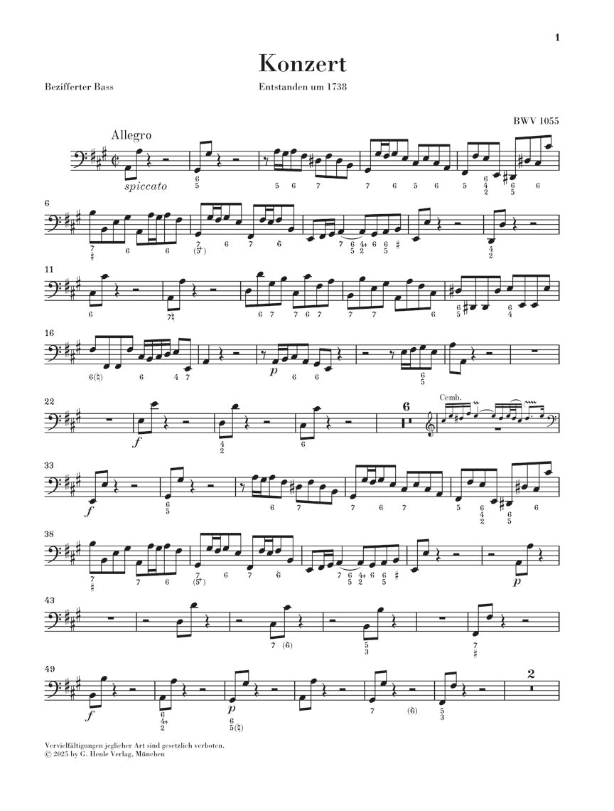 バッハ:チェンバロ協奏曲 第4番 イ長調 BWV 1055(数字付き通奏低音譜)