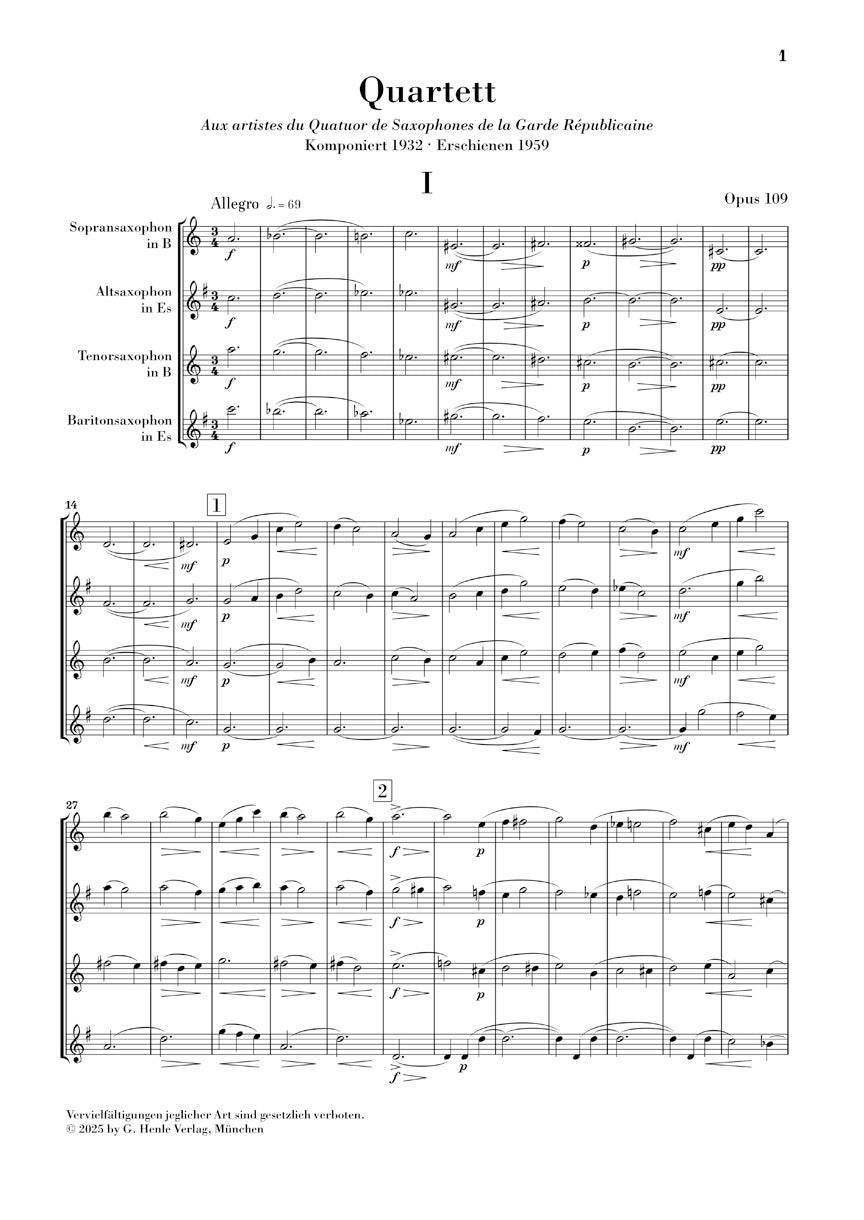 グラズノフ:サクソフォン四重奏 変ロ長調 op. 109(スタディスコア)