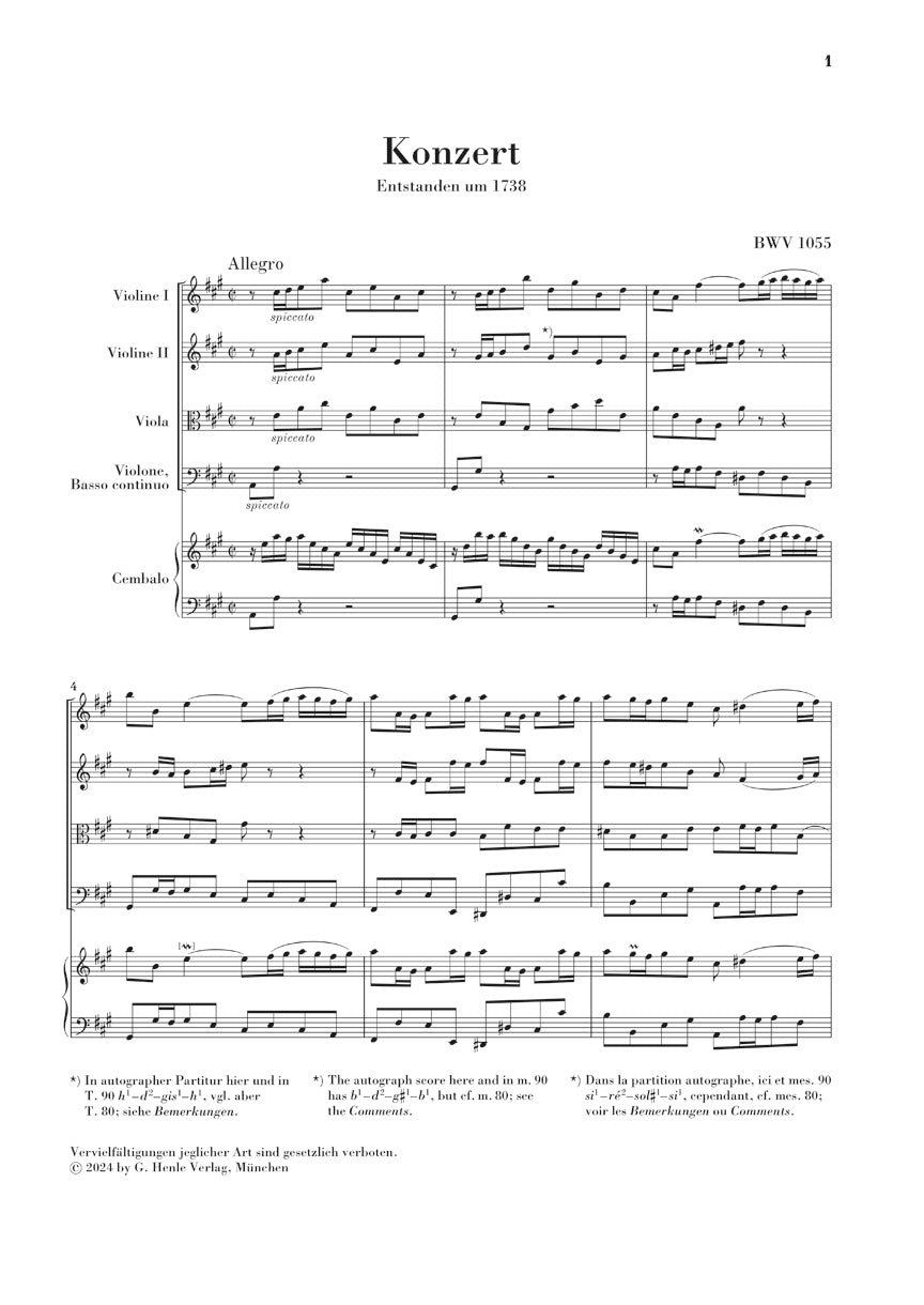 バッハ:チェンバロ協奏曲第4番 BWV1055 SE版