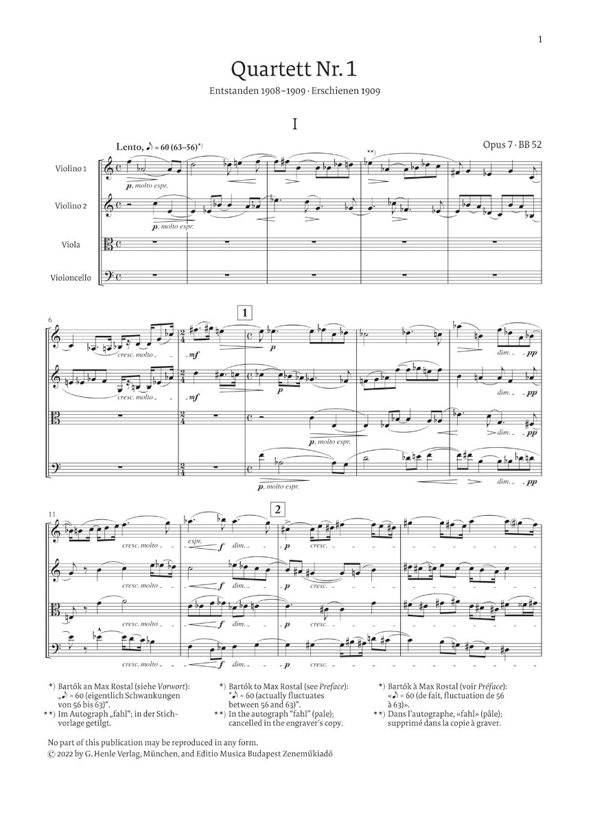 バルトーク:弦楽四重奏曲 第1番 op. 7