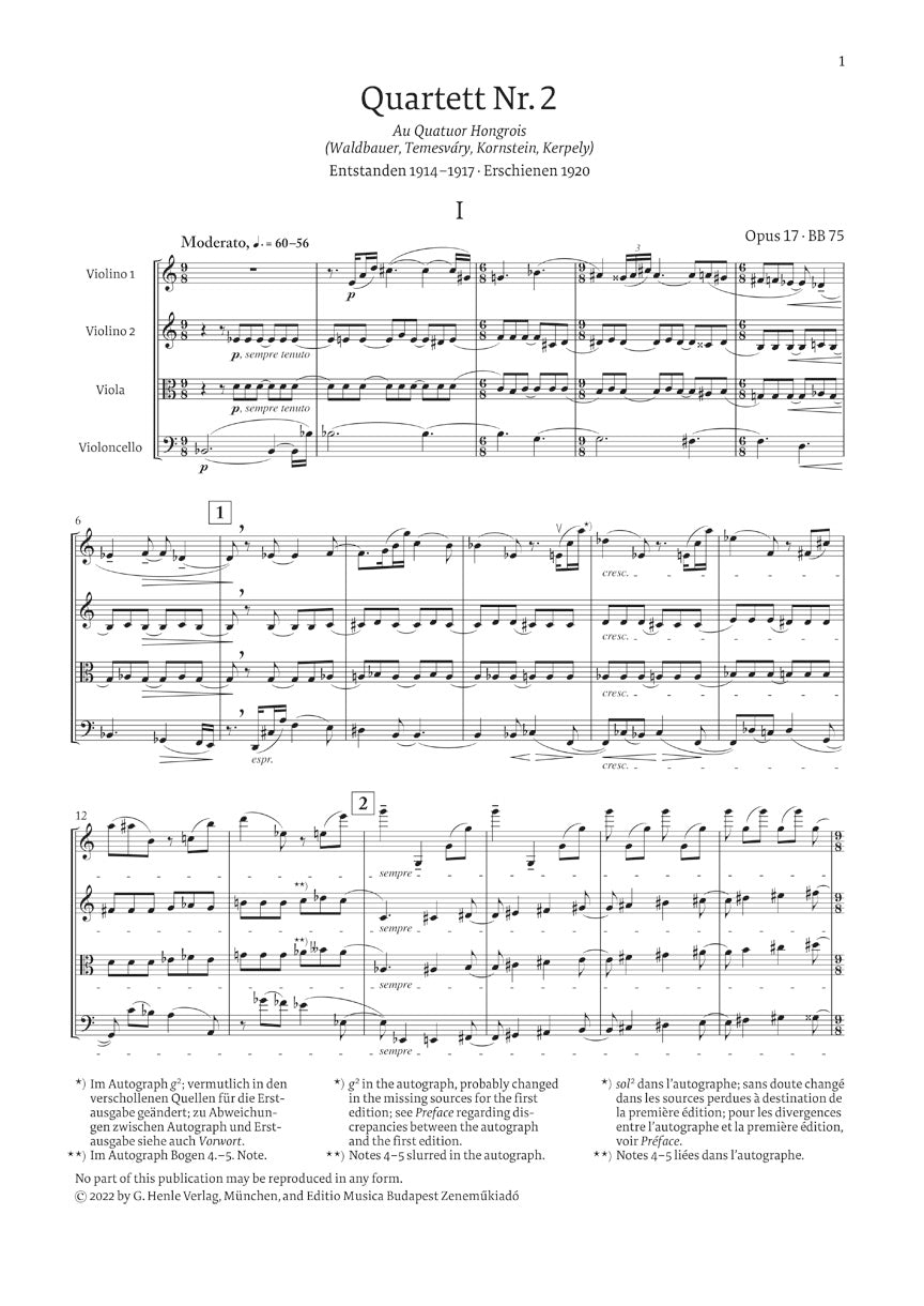 バルトーク:弦楽四重奏曲 第2番 op. 17