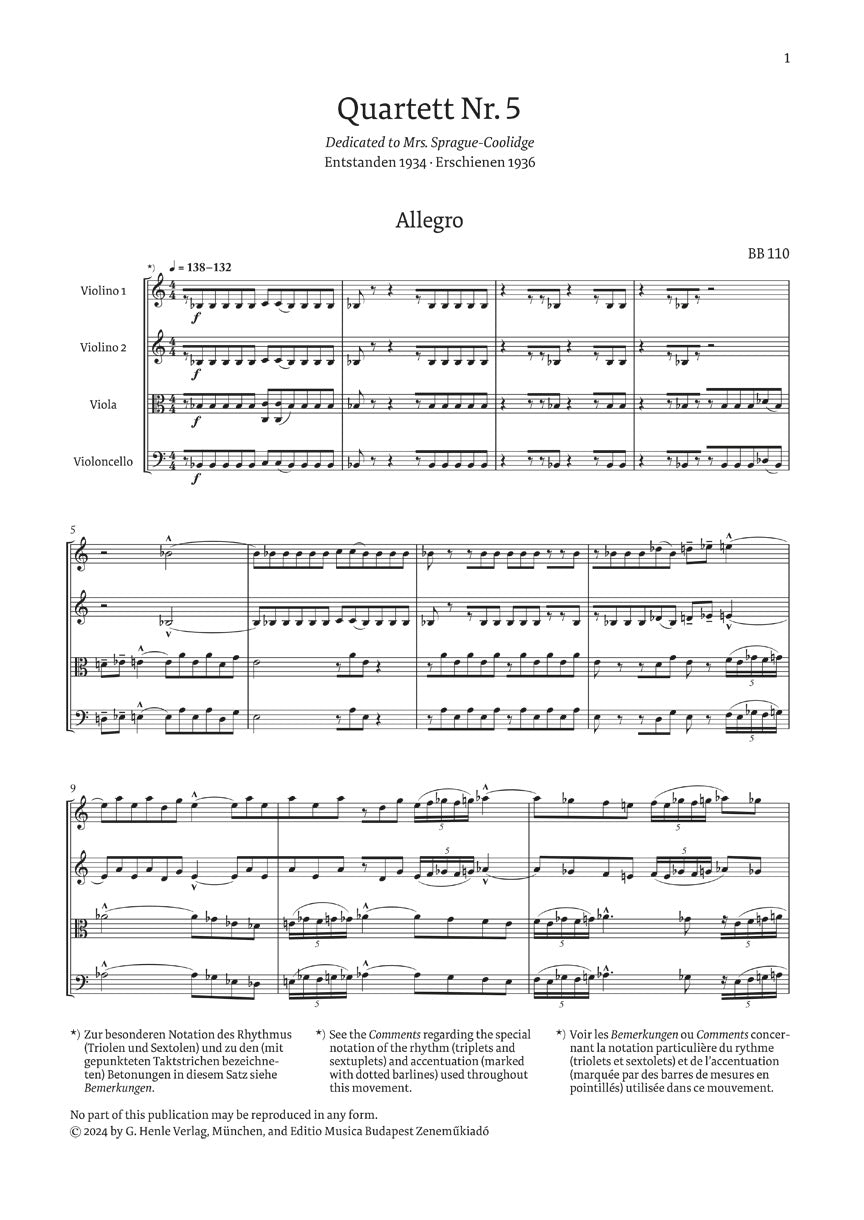 バルトーク:弦楽四重奏曲第5番 Sz.102 SE版
