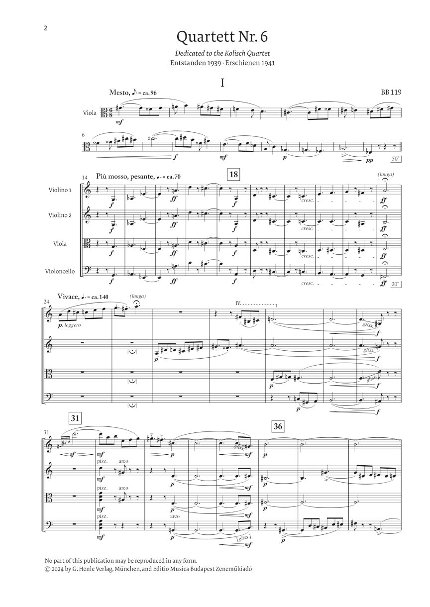 バルトーク:弦楽四重奏曲第6番 Sz.114 SE版