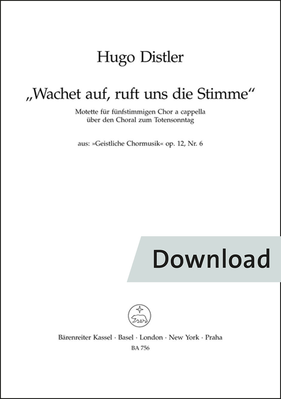 合唱/ディストラー:目覚めよと呼ぶ声が聞こえ(5声アカペラ)(10冊セット)【デジタル版】