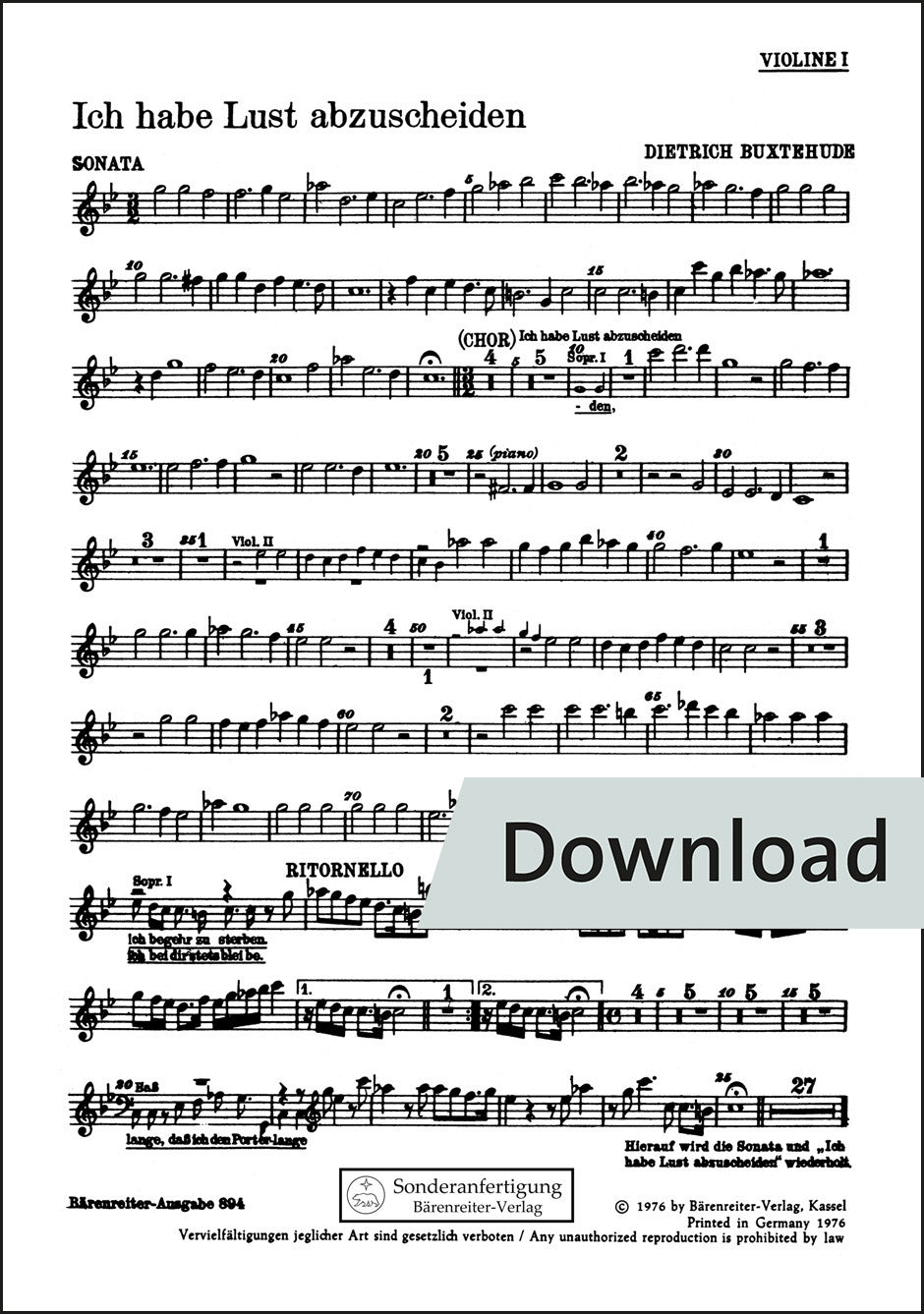 ブクステフーデ:われは去りゆくことを願う BuxWV46 – 第1ヴァイオリン パート譜【デジタル版】