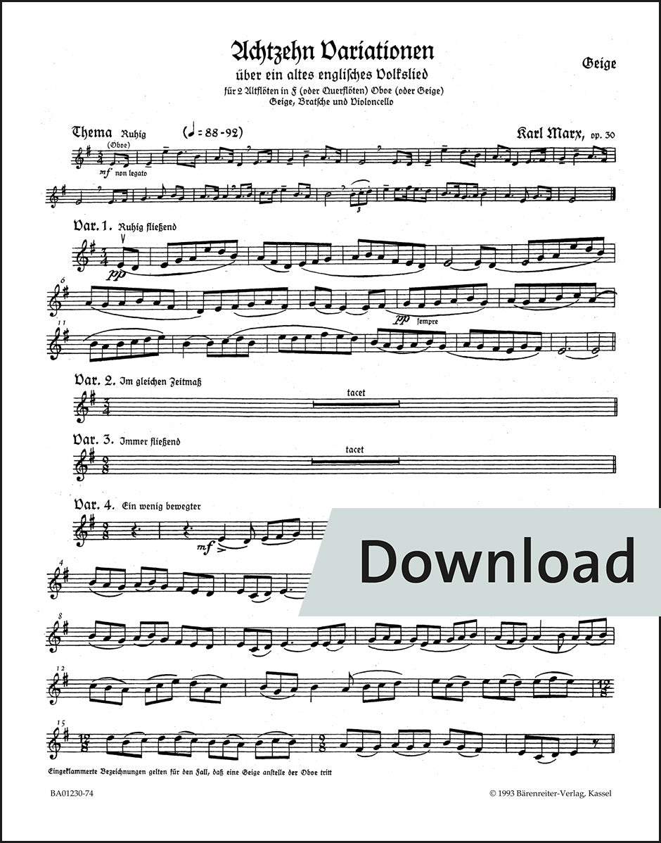 マルクス:イギリス民謡による18の変奏曲(おお、カッコウは美しい鳥) op.30 – ヴァイオリン パート譜【デジタル版】