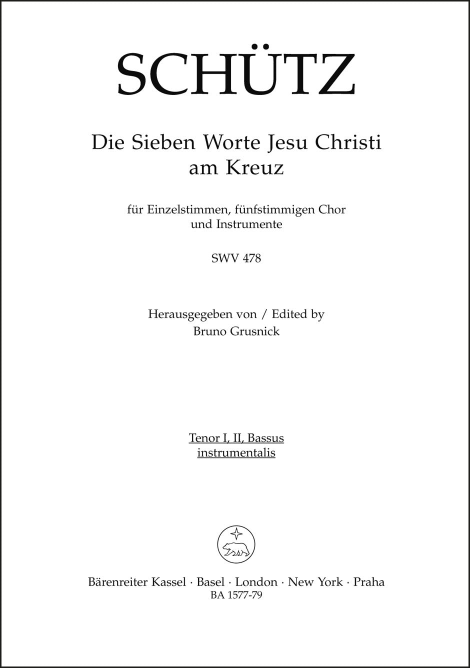 シュッツ:十字架上のイエス・キリストの七つの言葉 SWV 478(テノールパート譜)