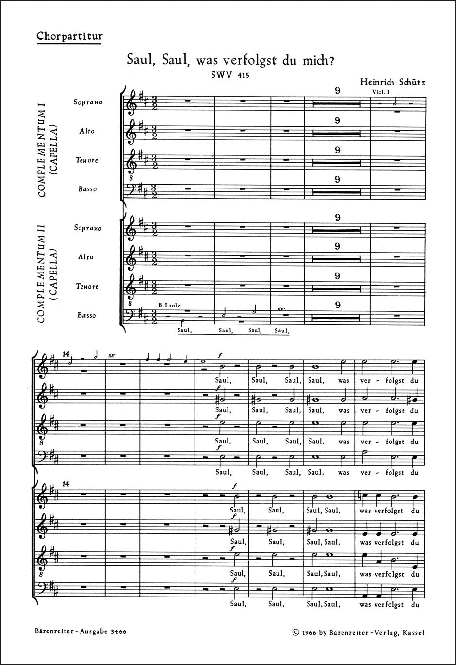 合唱/シュッツ:サウロ、サウロ、なぜわたしを迫害するのか op. 18 SWV 415(10冊セット)