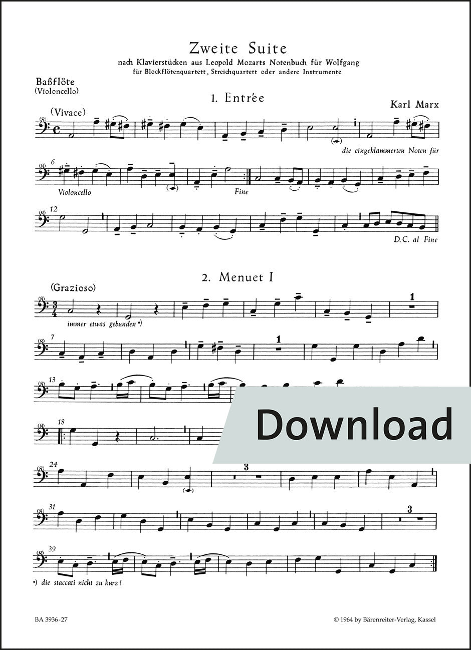 マルクス:第2組曲(リコーダー四重奏、弦楽四重奏、または他の楽器のための) – バス・リコーダー/チェロ パート譜【デジタル版】