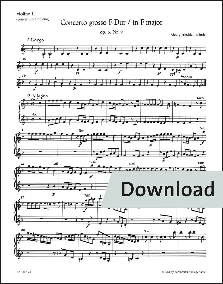 ヘンデル:合奏協奏曲 ヘ長調 作品6-9 HWV 327(ヴァイオリンパート譜)【デジタル版】