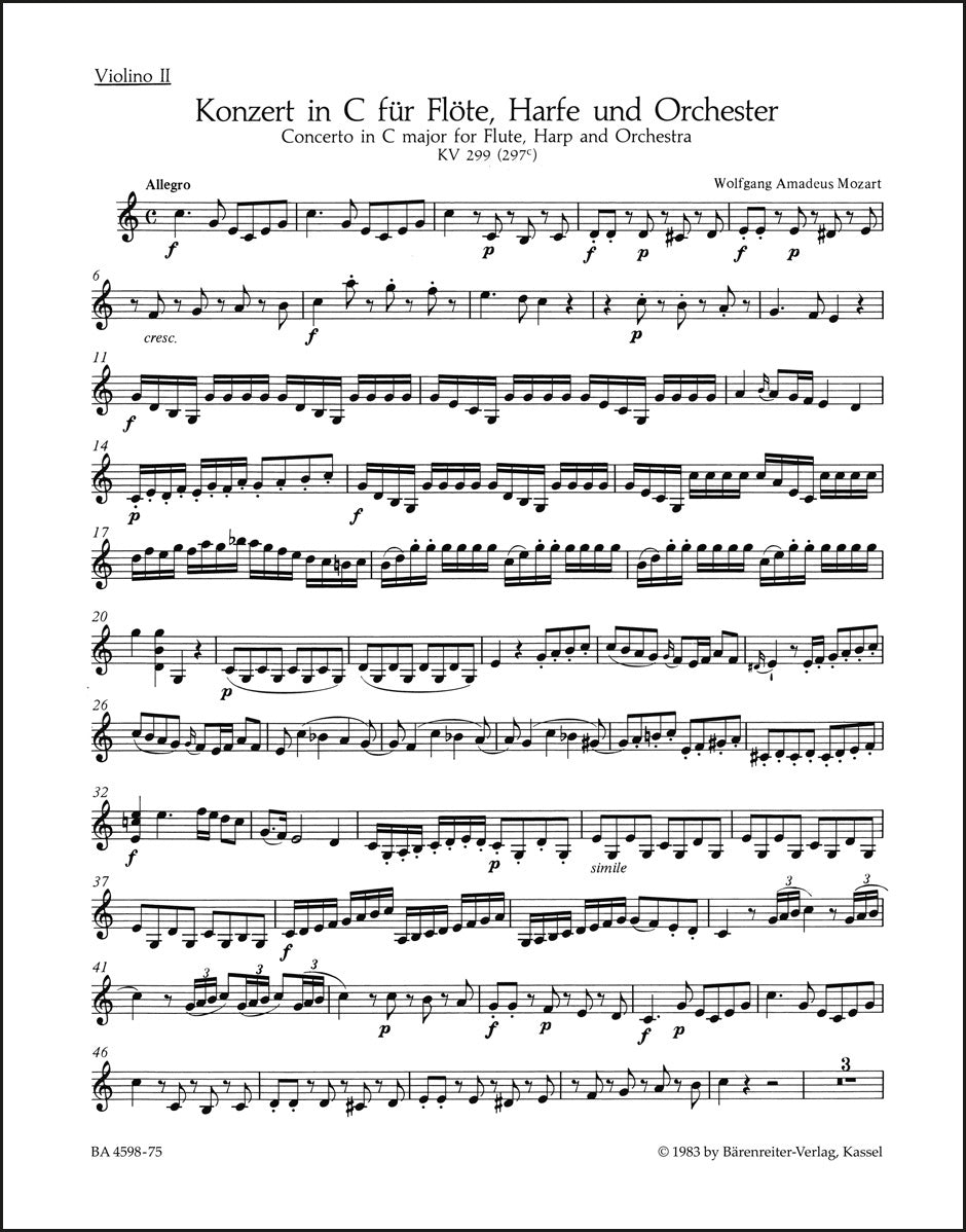 モーツァルト:フルート、ハープと管弦楽のための協奏曲 ハ長調 K. 299 (297c)(ヴァイオリンパート譜)(4冊セット)