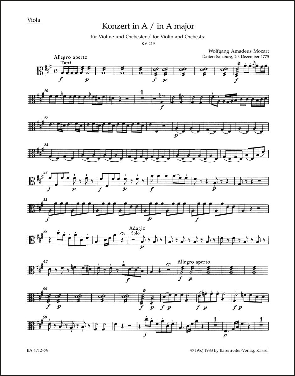 モーツァルト:ヴァイオリン協奏曲 第5番 イ長調 K. 219(ヴィオラパート譜)(2冊セット)