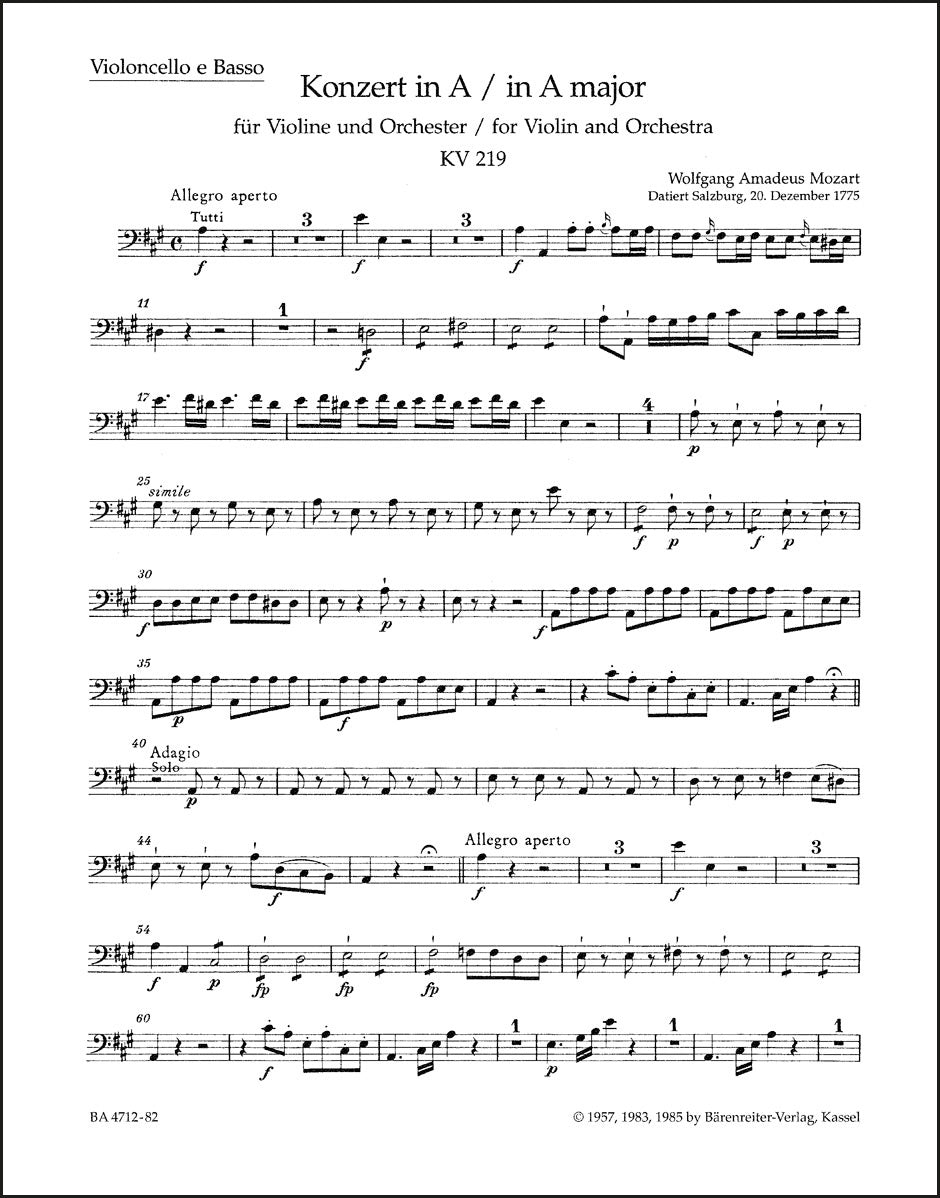 モーツァルト:ヴァイオリン協奏曲第5番 イ長調 K. 219(チェロパート譜)(2冊セット)