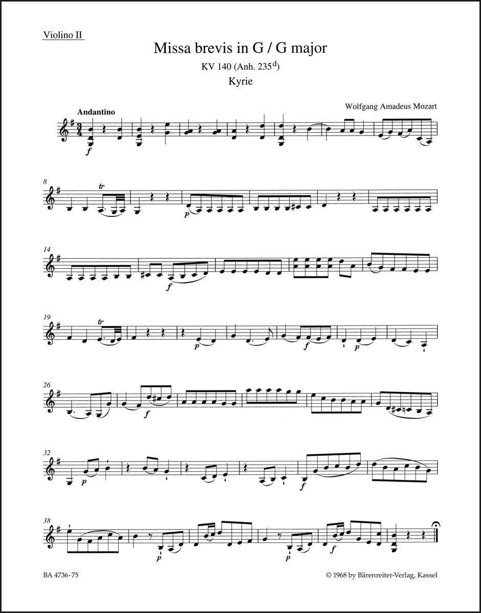モーツァルト:ミサ・ブレヴィス ト長調 K. 140 (235d)(ヴァイオリンパート譜)