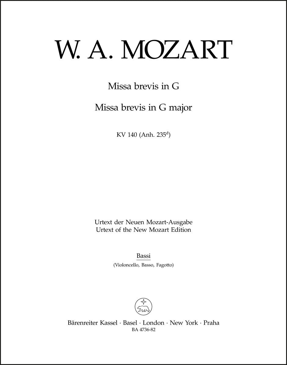 モーツァルト:ミサ・ブレヴィス ト長調 K. 140 (235d)(チェロパート譜)