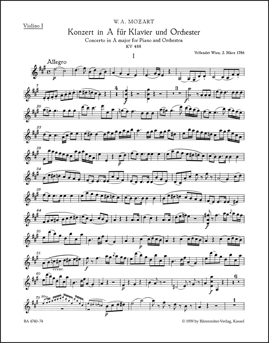 モーツァルト:ピアノ協奏曲第23番イ長調 K. 488(ヴァイオリン1パート譜)(ヴァイオリンパート譜)(3冊セット)