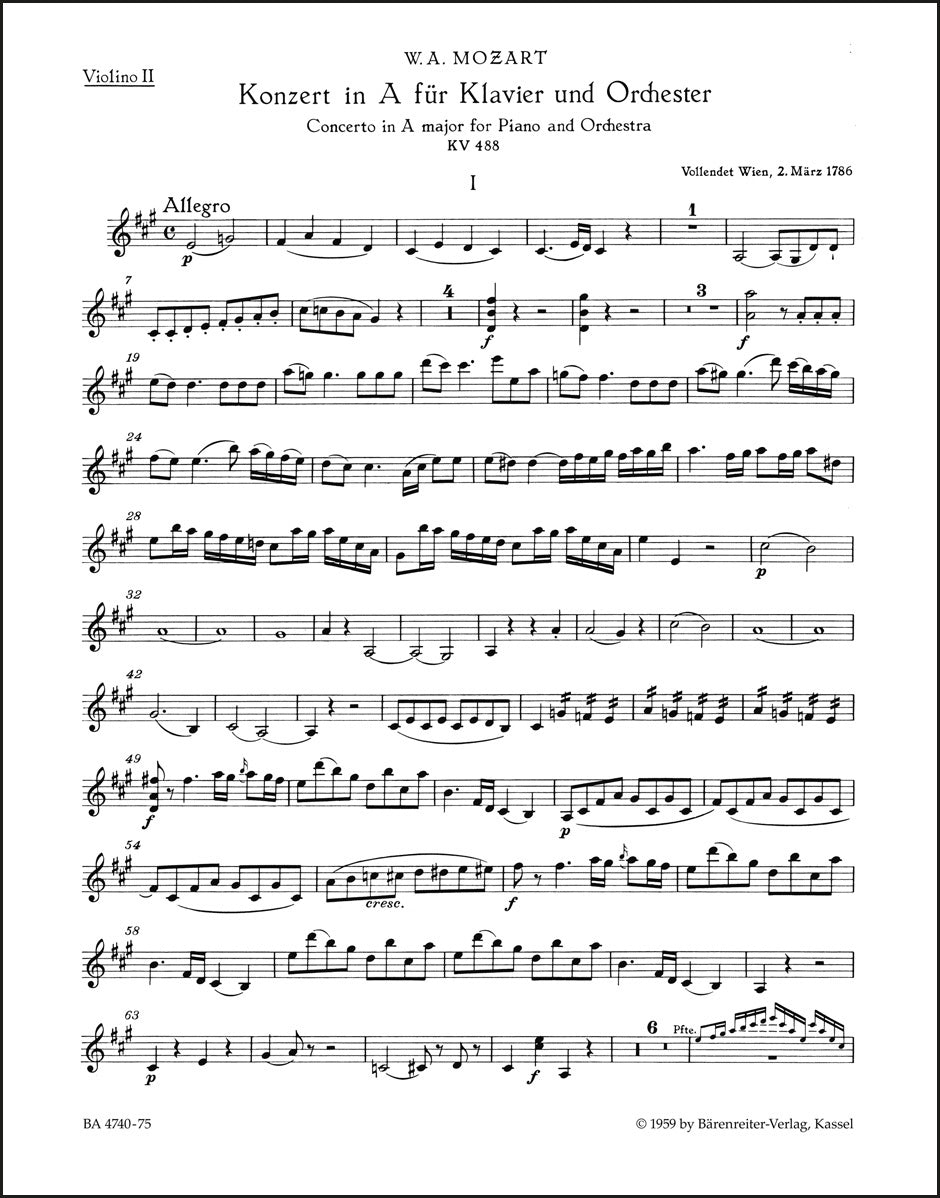 モーツァルト:ピアノ協奏曲第23番 イ長調 K. 488(ヴァイオリンパート譜)(3冊セット)