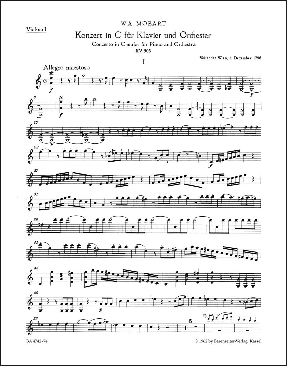 モーツァルト:ピアノ協奏曲 第25番 ハ長調 K. 503 第1ヴァイオリン(ヴァイオリンパート譜)(4冊セット)