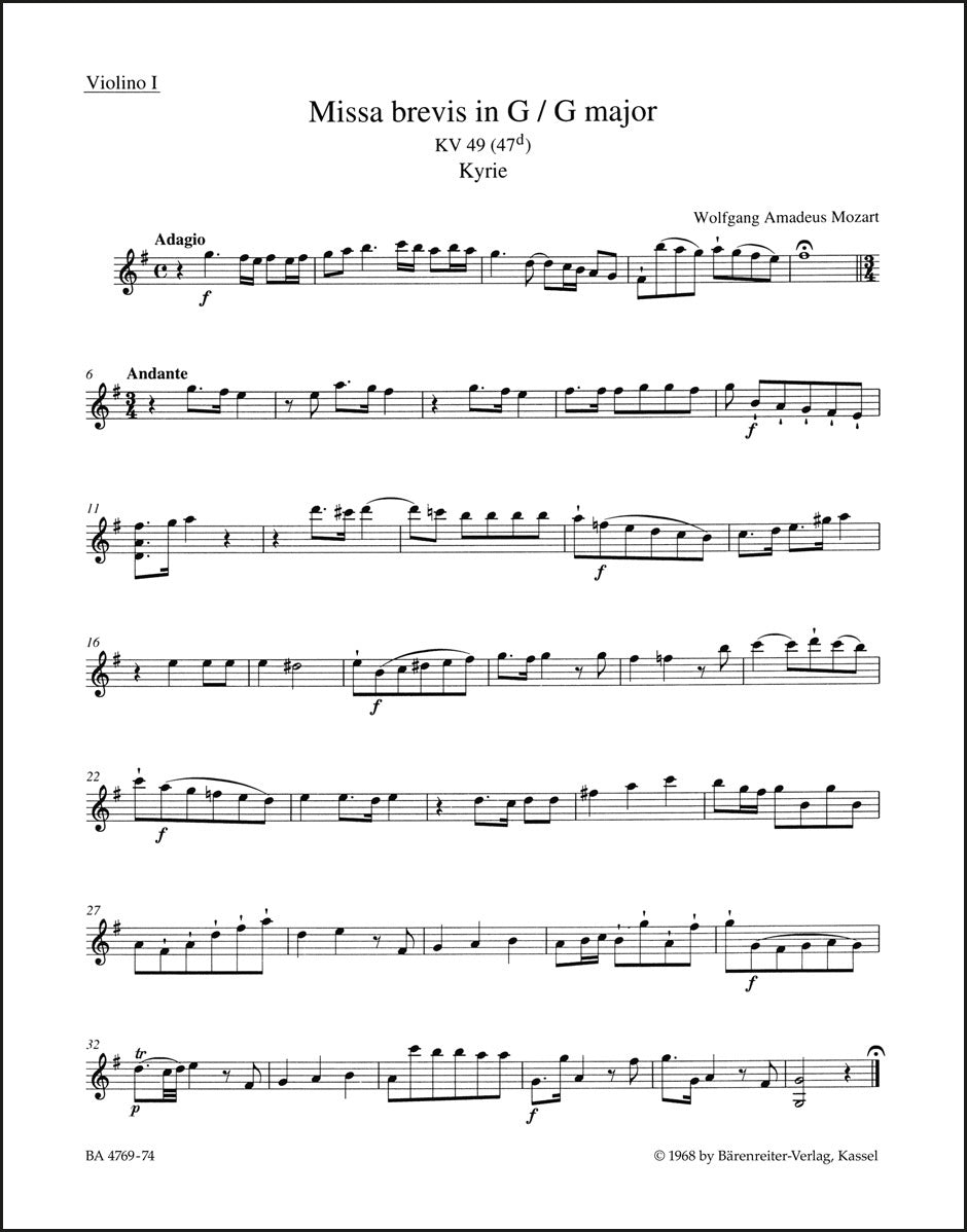 モーツァルト:ミサ・ブレヴィス ト長調 K. 49 (47d)(ヴァイオリンパート譜)