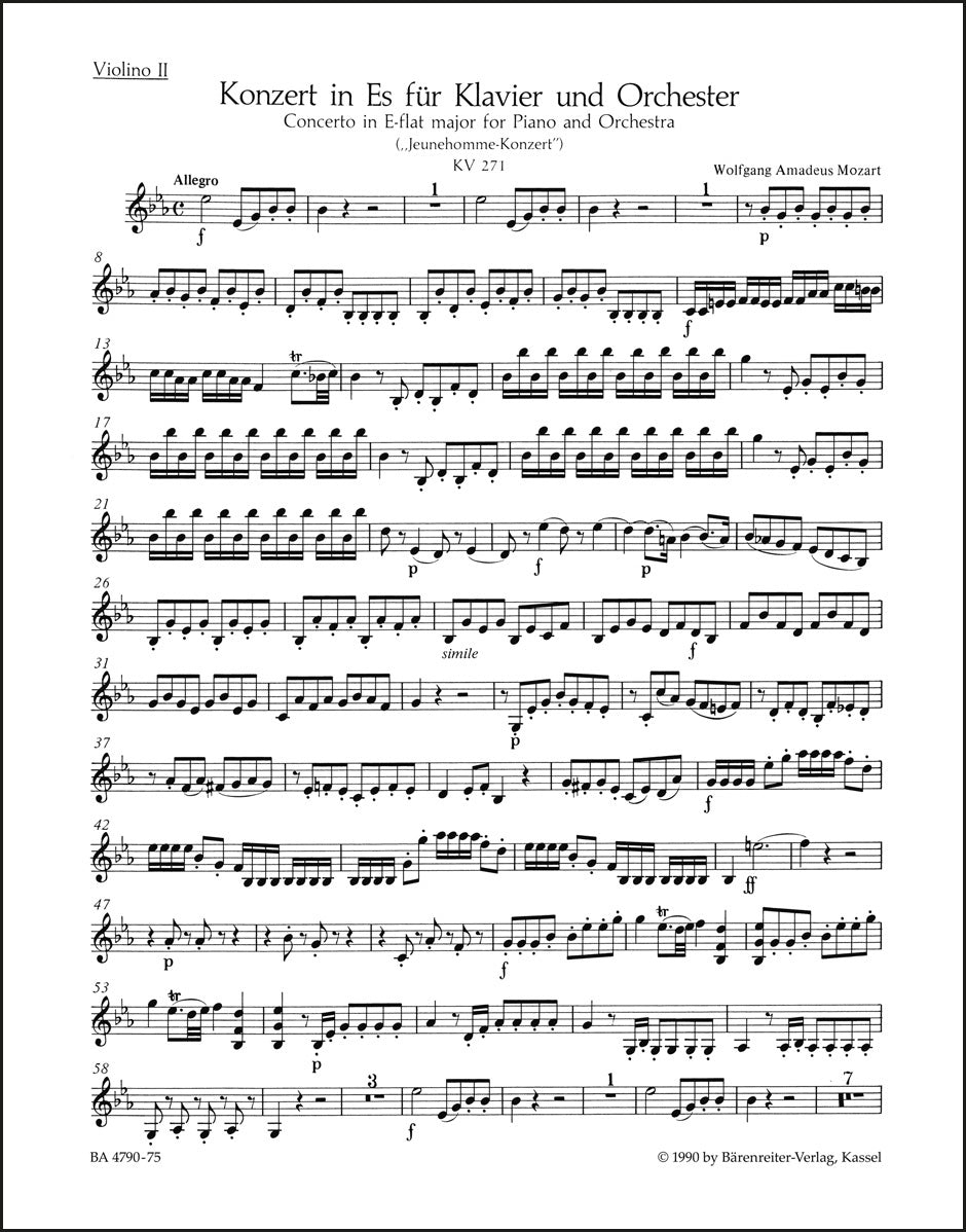 モーツァルト:ピアノ協奏曲第9番 変ホ長調 K. 271 「ジュノム」 ヴァイオリン2番パート譜(ヴァイオリンパート譜)(3冊セット)