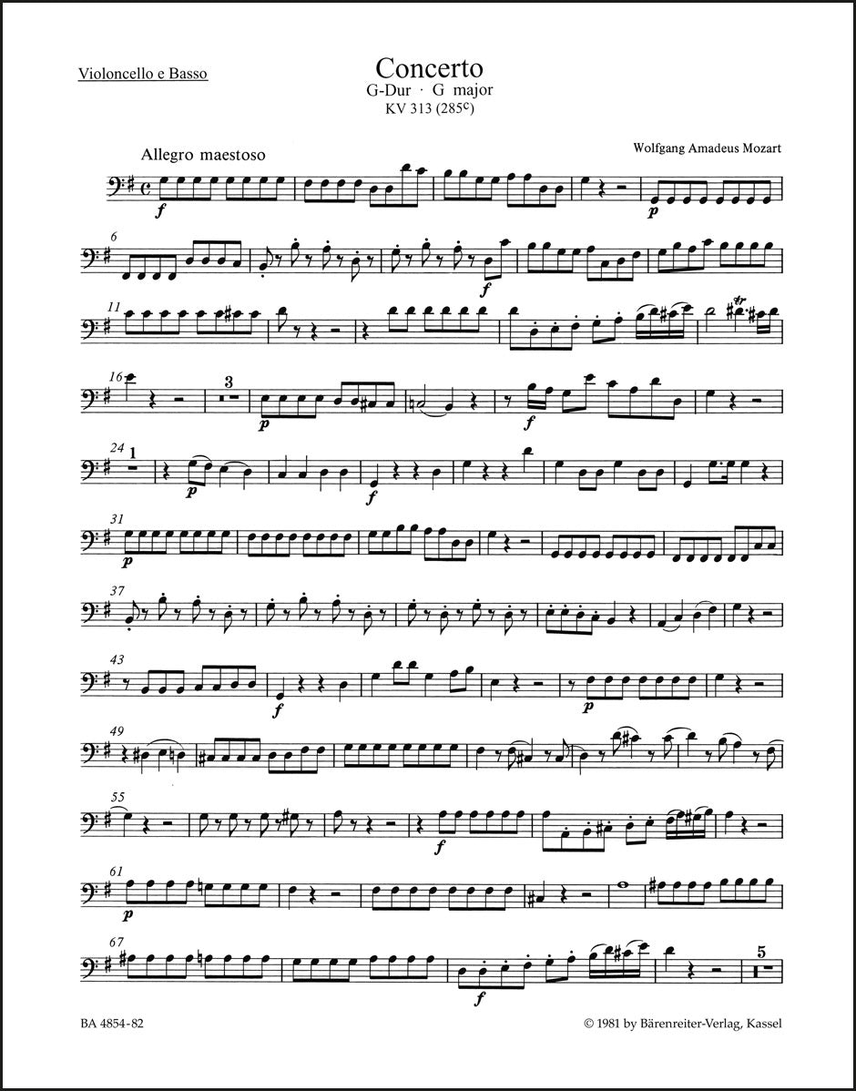 モーツァルト:フルート協奏曲 ト長調 K.313 (285c)(チェロパート譜)(4冊セット)
