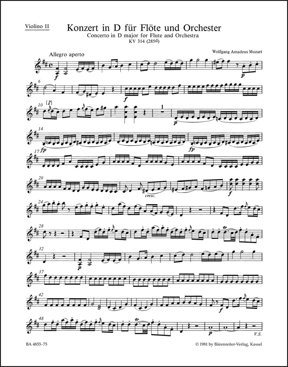 モーツァルト:フルート協奏曲 ニ長調 K. 314 (285d)(ヴァイオリンパート譜)(4冊セット)