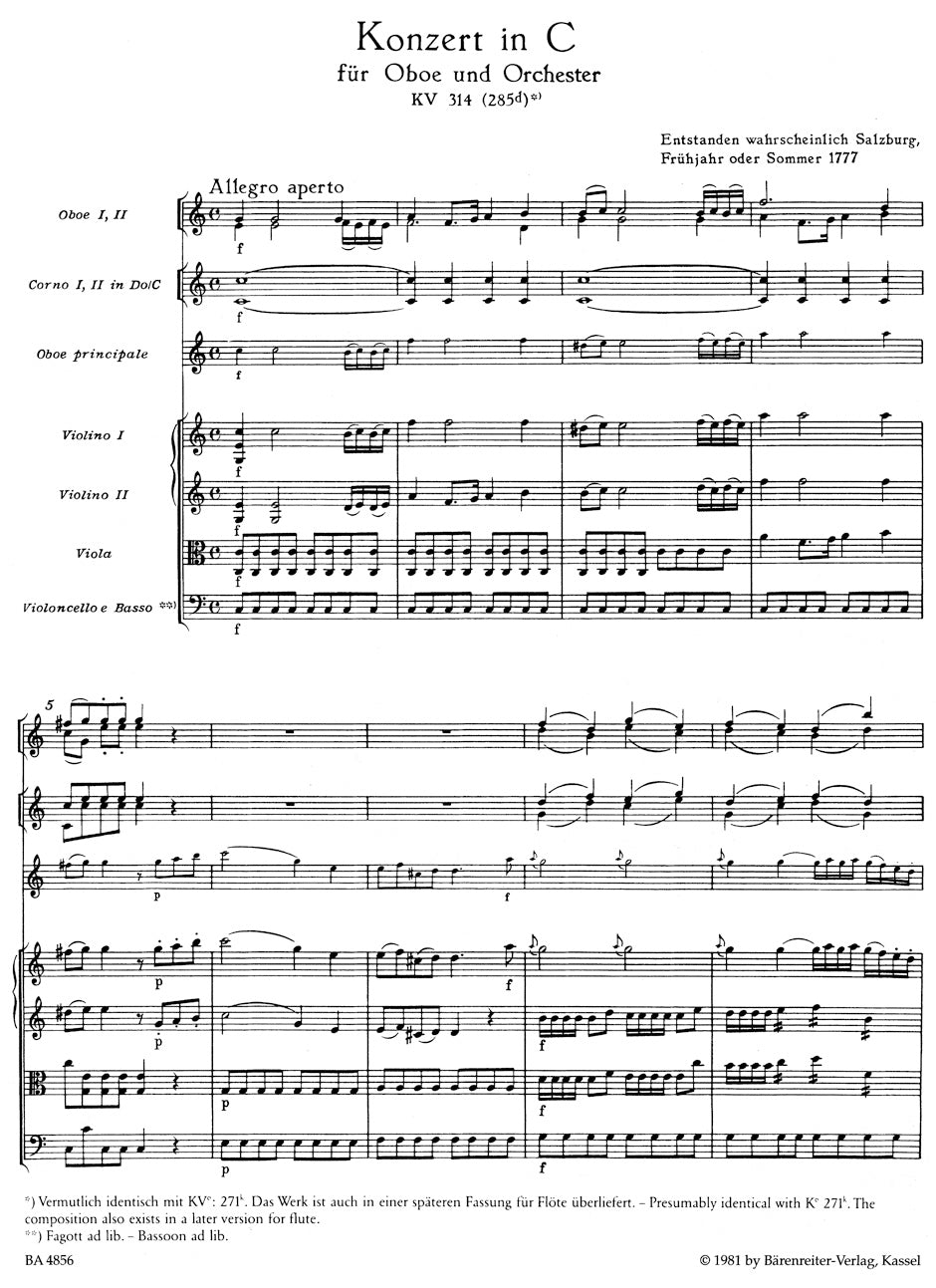 オーボエ/モーツァルト:オーボエ協奏曲 ハ長調 K. 314 (285d)