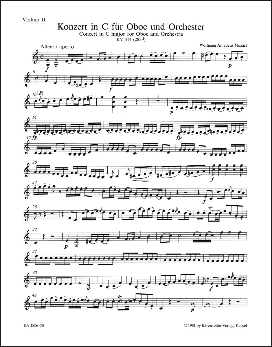 モーツァルト:オーボエ協奏曲 ハ長調 K. 314 (285d)(ヴァイオリンパート譜)(4冊セット)