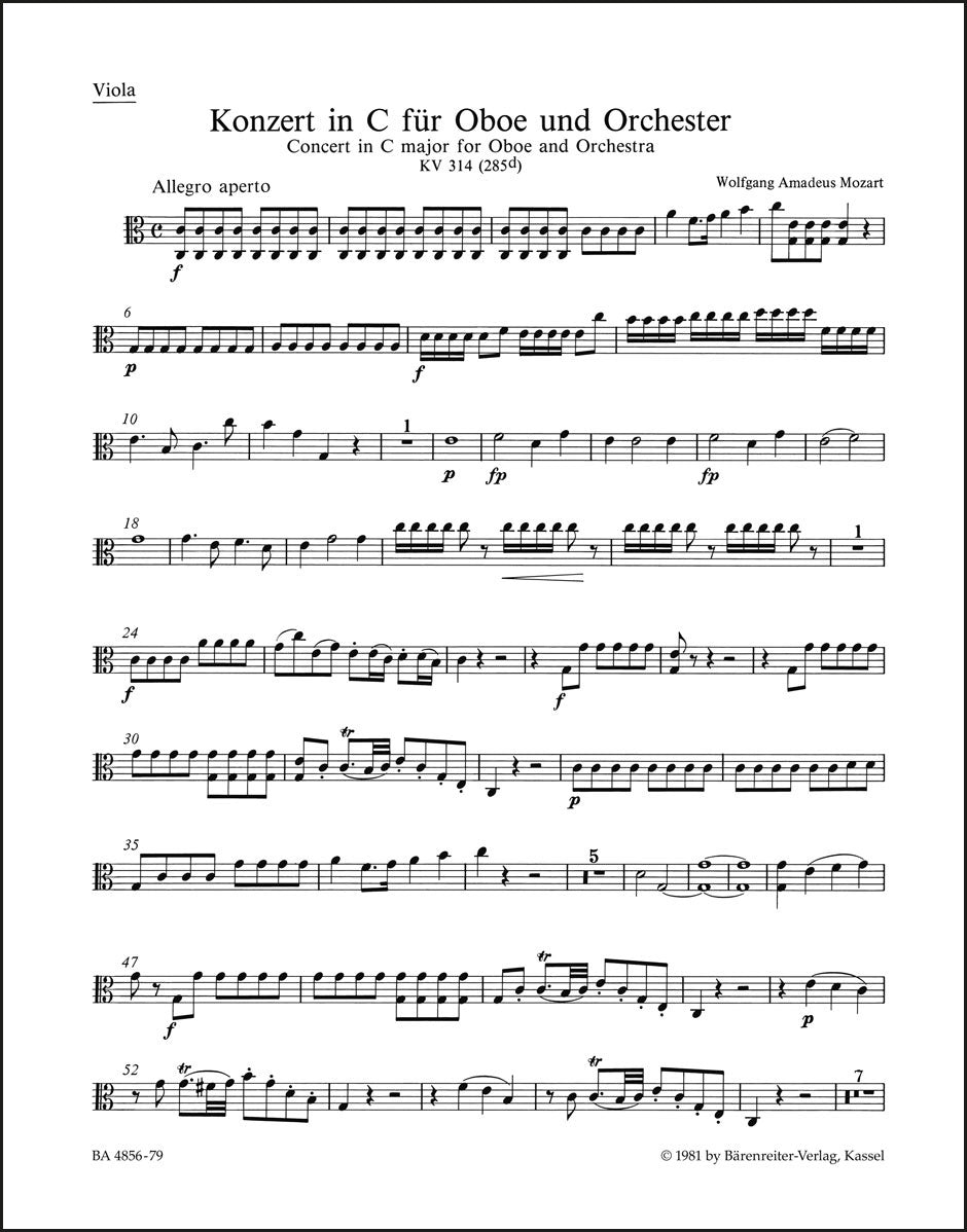 モーツァルト:オーボエ協奏曲 ハ長調 K. 314 (285d)(ヴィオラパート譜)(3冊セット)