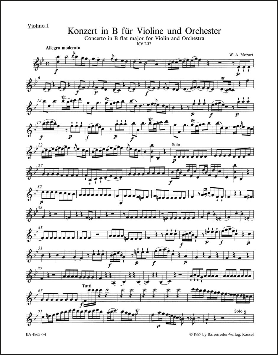モーツァルト:ヴァイオリン協奏曲 第1番 変ロ長調 K. 207(ヴァイオリンパート譜)(4冊セット)