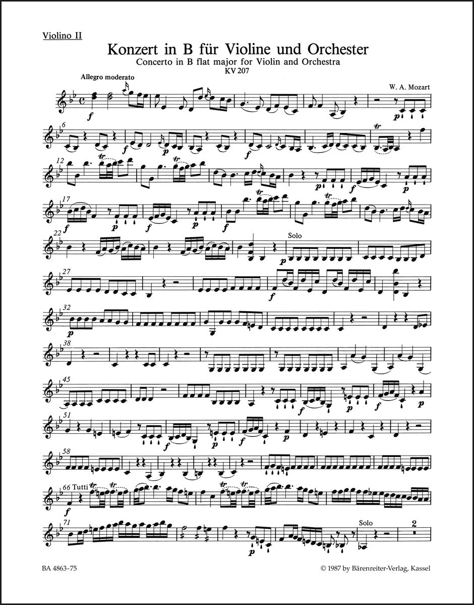 モーツァルト:ヴァイオリン協奏曲 第1番 変ロ長調 K. 207(ヴァイオリンパート譜)(4冊セット)